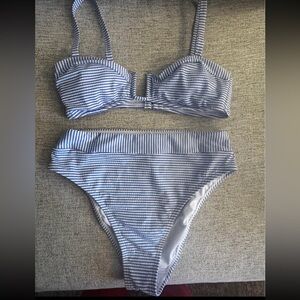 Cupshe Blue-and White Striped Two-Piece High-Waist Bikini - Size Med and NWT